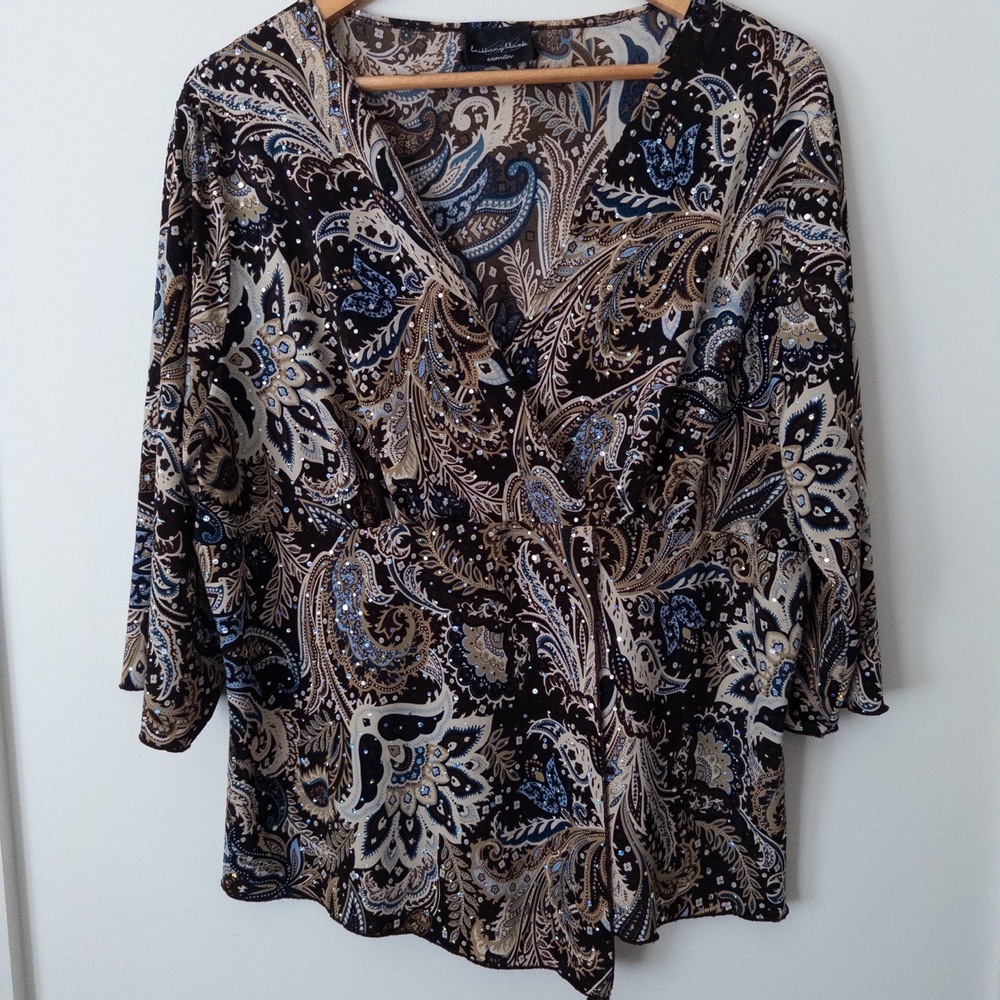 VTG Y2K Paisley Sequin Wrap Top‎ Womens 1X Fairy Boho Glam Brown Asymmetrical